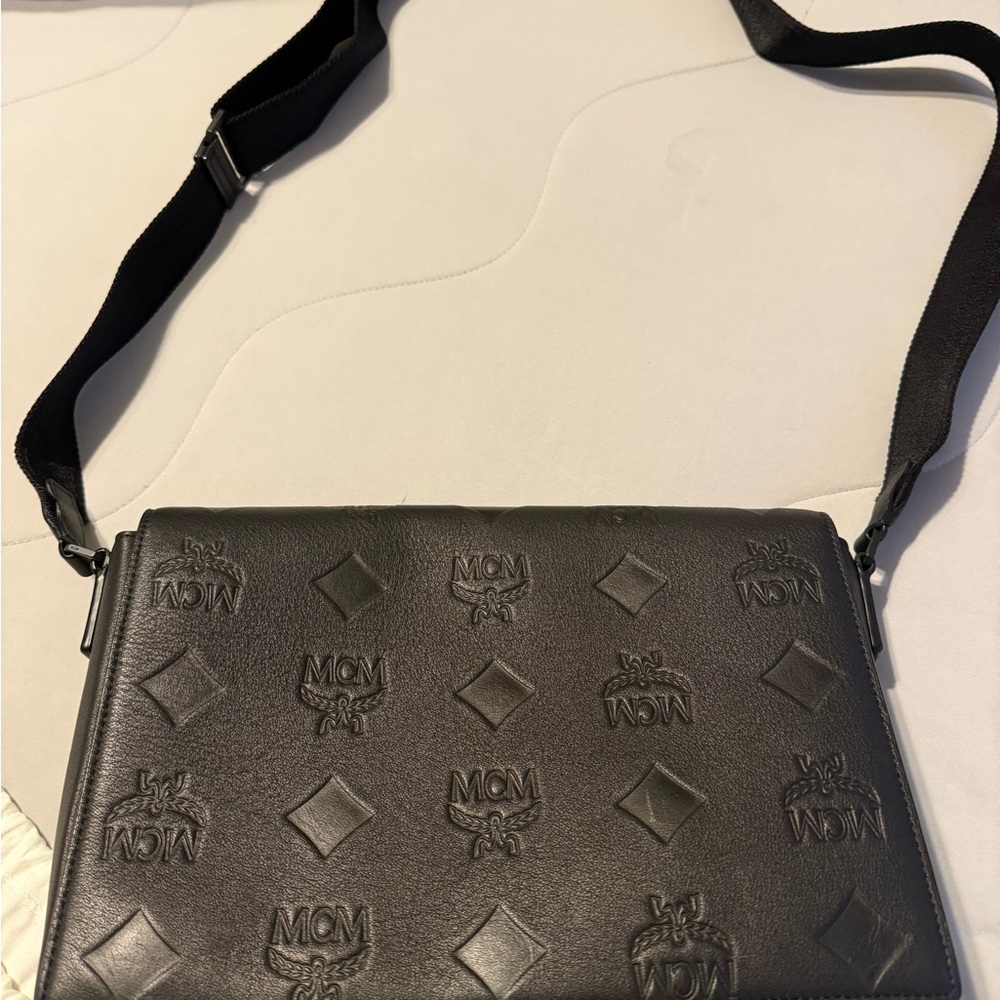 MCM Embossed Black Leather Messenger Bag